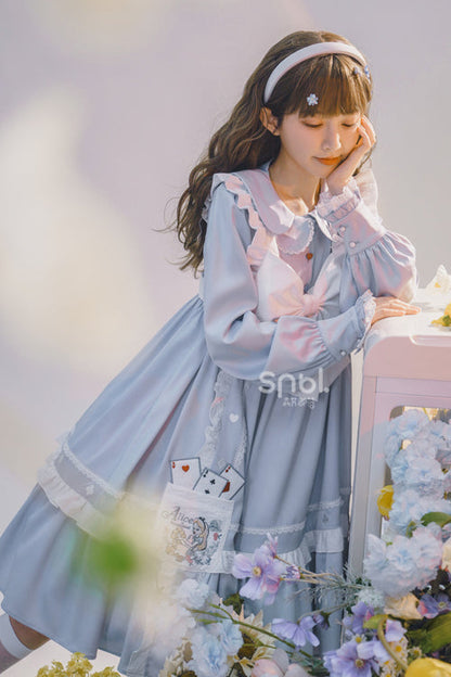 Blue Doll Collar Single Breasted Princess Sleeves High Waist Magic Playing Cards Sweet Lolita OP Dress