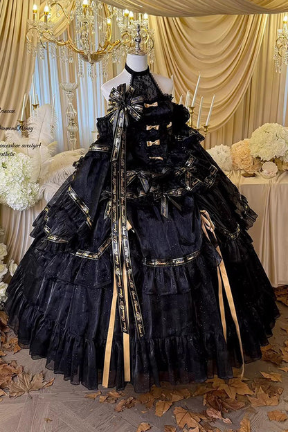 Black [Obsidian Banquet] Double-Layered Ruffled Hanayome Bow Lace Sweet Gothic Princess Lolita Jsk Dress