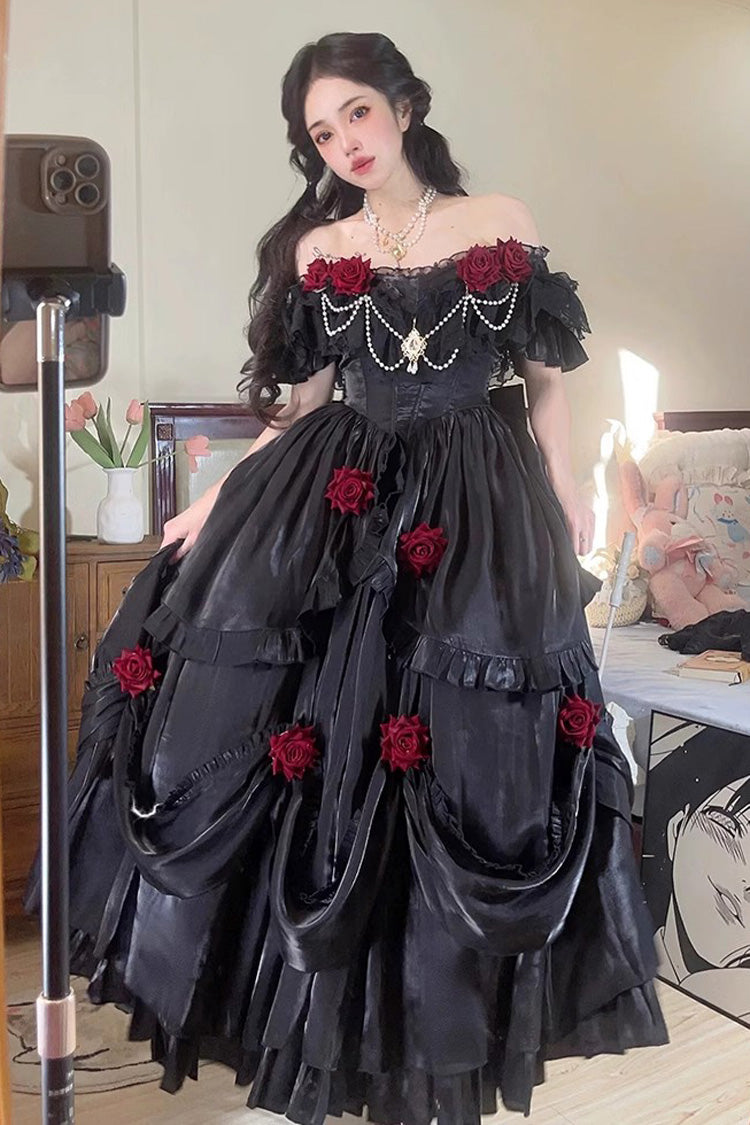 Black Tana Manor Rose Flower Long Sleeves Ruffle Bowknot Elegant Gothic Princess Lolita Strapless Dress