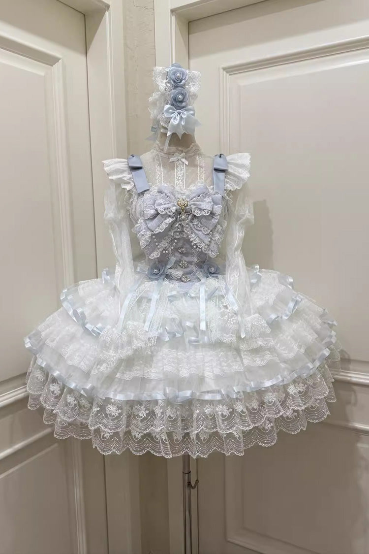 Blue [Rose Feather Waltz] Sleeveless Triple-Layered Ruffle Bowknot Lace Sweet Ballet Lolita Jsk Dress