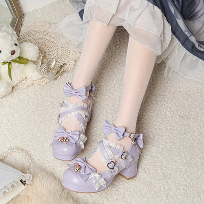 Sweet Bowknot Stitching Lace Princess Lolita High Heels 6 Colors