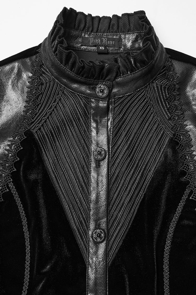 Black Stand Collar Long Puff Sleeves Stitching Lace-Up Women's Gothic Coat