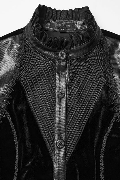 Black Stand Collar Long Puff Sleeves Stitching Lace-Up Women's Gothic Coat