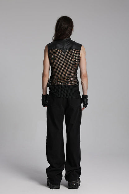 Black Stand Collar Sleeveless Mesh Triangle Eyelets Men's Punk Vest