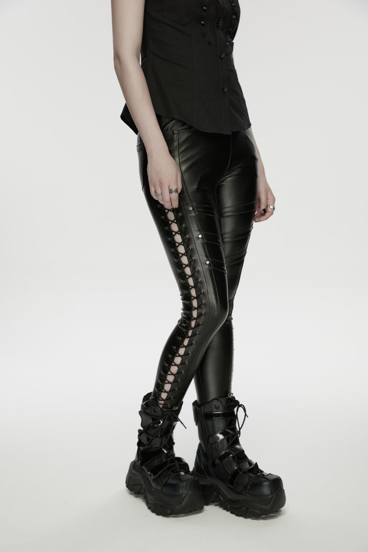 Black Studded Women's Punk  Drawstring Leggings