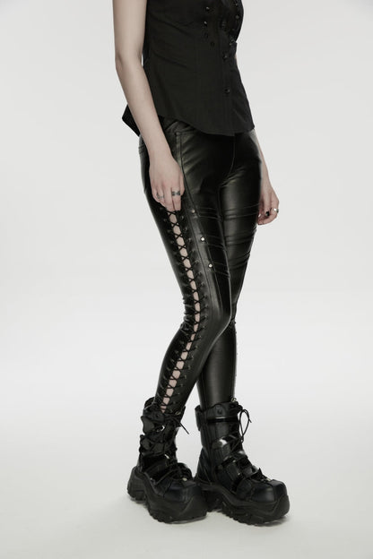 Black Studded Women's Punk  Drawstring Leggings