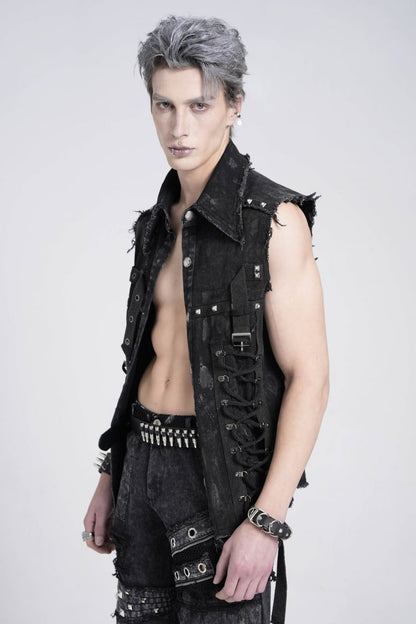 Black Sleeveless Studded Lace-Up Men's Gothic Distressed Vest
