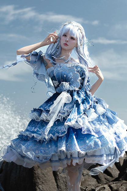Blue [Jellyfish] Gradient Print Ruffle Embroidery Bowknot Lace Asymmetric Sweet Elegant Lolita Jsk Dress