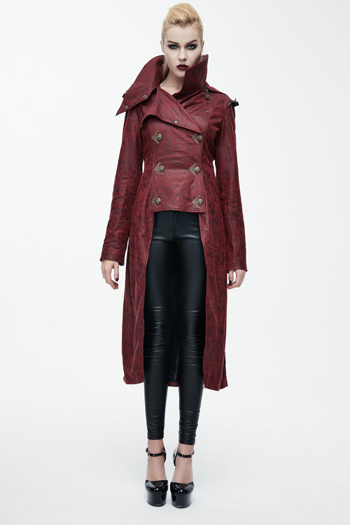 Red Short In Front And Long In Back Punk Long Leather Womens Coat