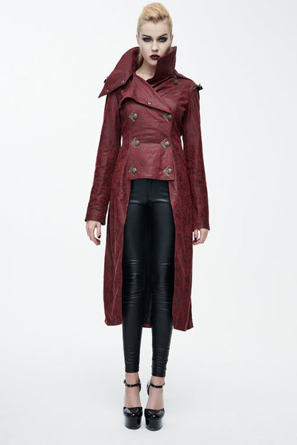Red Short In Front And Long In Back Punk Long Leather Womens Coat