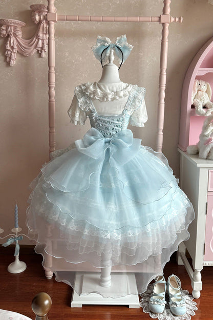 Blue [Lotus Butterfly Heart] Multi-Layered Ruffle Hanayome Bowknot Lace Sweet Lolita Jsk Dress
