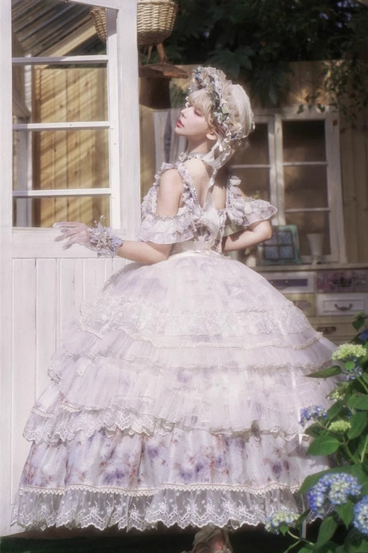 Blue [Rose Letter] Off Shoulder Triple-Layered Print Ruffle Hanayome Sweet Princess Lolita Dress
