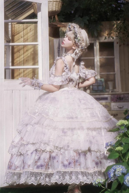 Blue [Rose Letter] Off Shoulder Triple-Layered Print Ruffle Hanayome Sweet Princess Lolita Dress