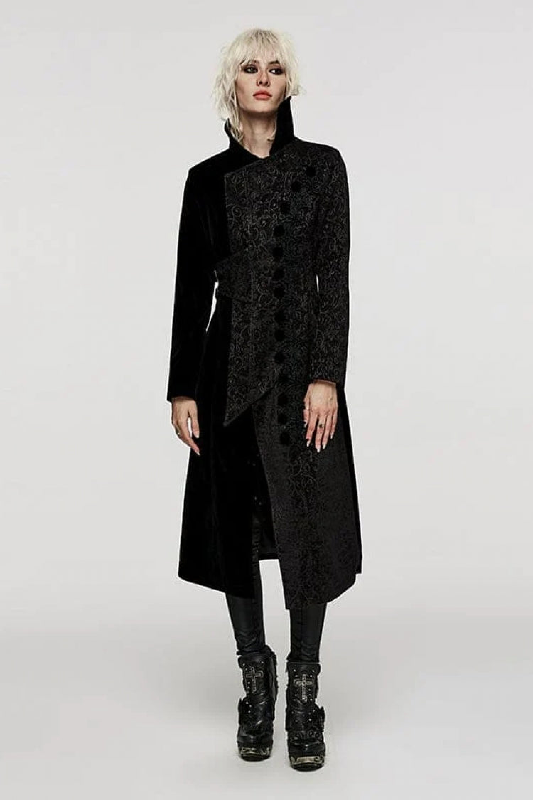 Black Stand Collar Jacquard Print Stitching Womens Gothic Coat