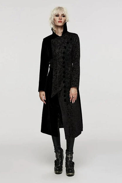Black Stand Collar Jacquard Print Stitching Womens Gothic Coat