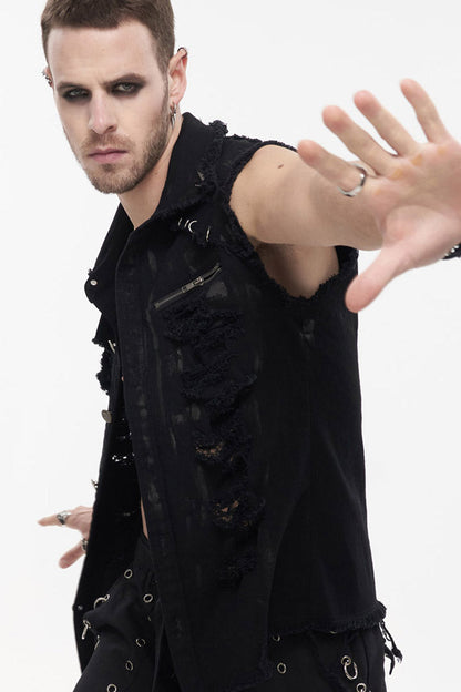 Black Punk Standing Collar Irregular Hand-Painted Sleeveless Metal Decoration Tattered Men's Shirt