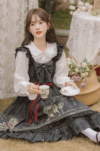 Black Ruffled Strap Court Print Front And Back Bow Classic Lolita JSK Dress