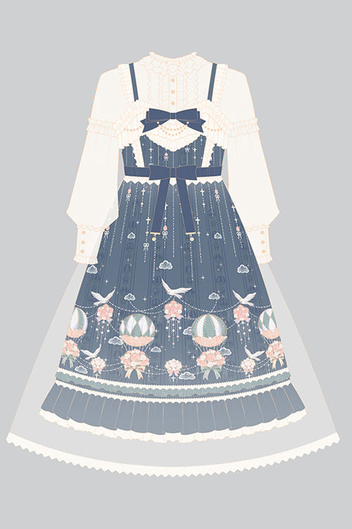 Blue Chiffon Flower Wedding Wearing Veil Princess Sweet Lolita JSK Dress