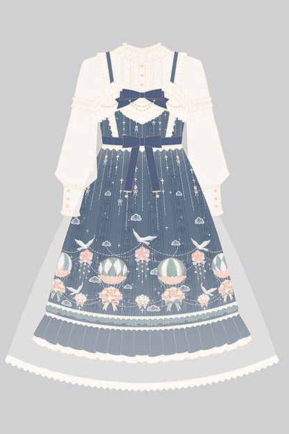 Blue Chiffon Flower Wedding Wearing Veil Princess Sweet Lolita JSK Dress