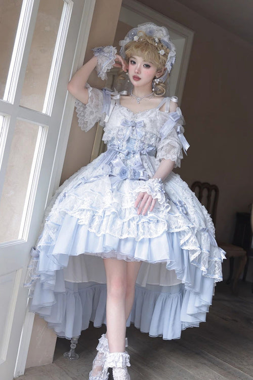 Blue [Diane Rose] Short Sleeves Multi-Layered Jacquard Ruffle Hanayome Cardigan Bowknot Lace Sweet Lolita Dress