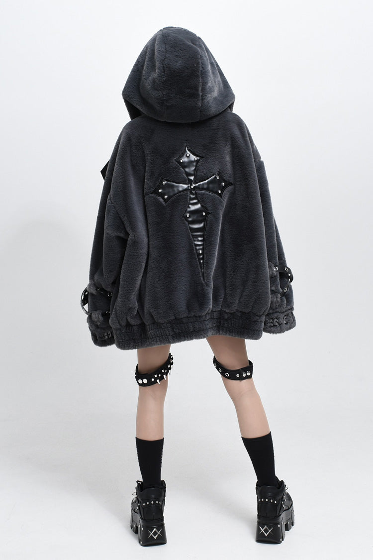 Jirai Kei Long Sleeves Hooded Zipper Punk Japanese Coat With Cross Leather Buckles 2 Colors