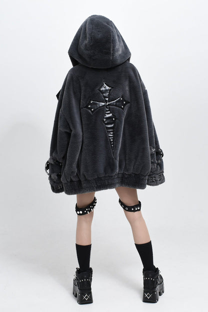 Jirai Kei Long Sleeves Hooded Zipper Punk Japanese Coat With Cross Leather Buckles 2 Colors