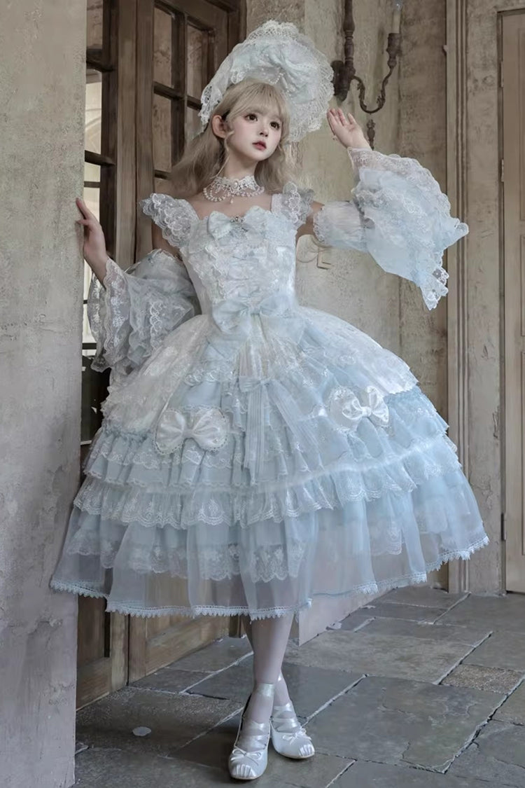 Blue [Prelude of Spring] Sleeveless Multi-Layered Ruffled Bow Lace Sweet Princess Lolita Jsk Dress