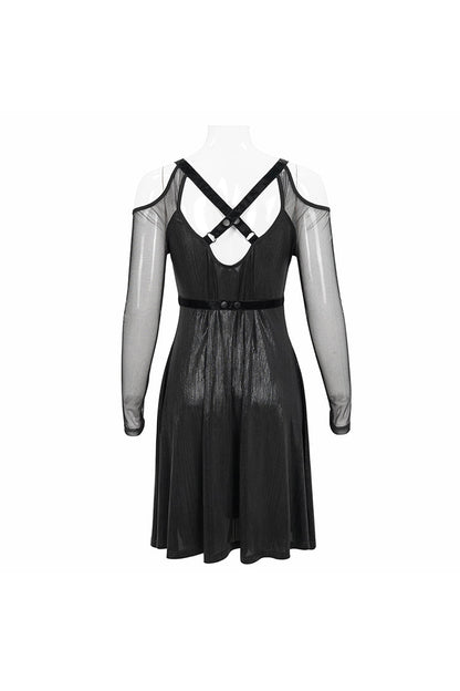 Black Stretch Knit Patchwork Fine Mesh V Neck Cross Tie Metal Pentagram Buckle Strap Women's Punk Dress