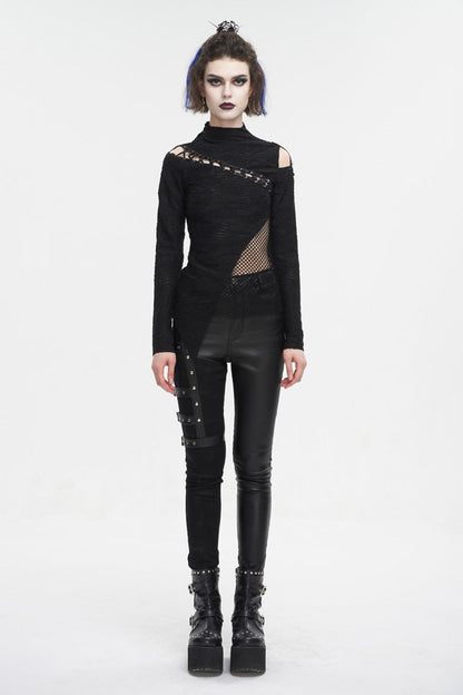 Black Strappy Cutout Mesh Splice Women's Gothic Shirt