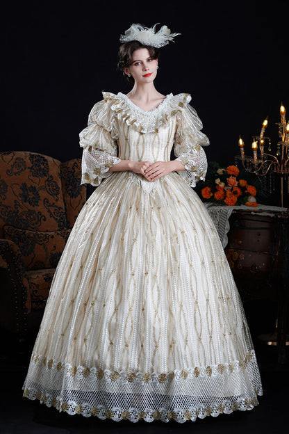 Champagne Long Puff Sleeves Ruffled Cut-Out Mesh Classic Vintage Palace Lolita Victorian Dress