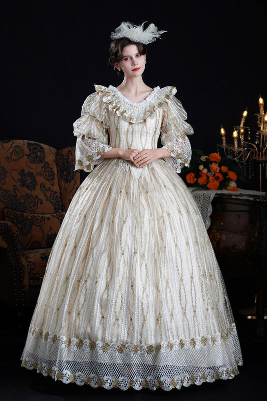 Champagne Long Puff Sleeves Ruffled Cut-Out Mesh Classic Vintage Palace Lolita Victorian Dress