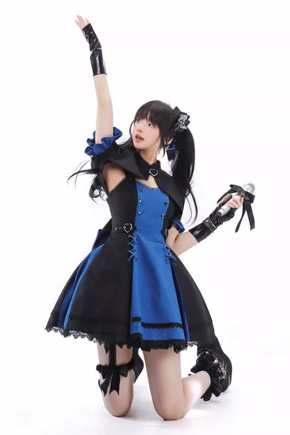 Black/Blue [Night Liana] Ruffle Bowknot Lace-Up Sweet Japanese Lolita Jumper Dress Set