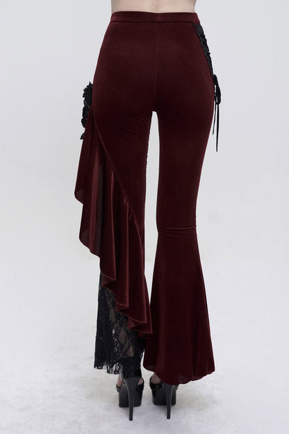 Red Velvet Single Side Stitching Rose Net Side Rope Decoration Asymmetric Pattern Flare Women's Gothic Pants
