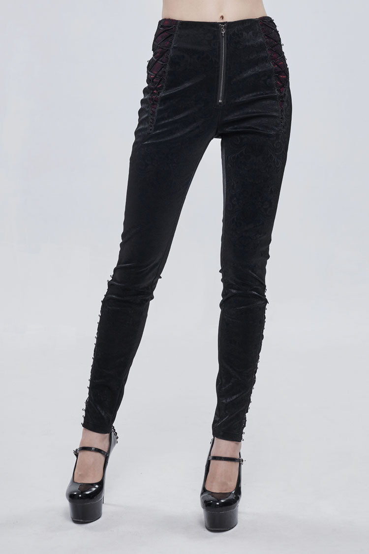 Black Textured Pattern Lace Decoration Metal Zipper Mid-High Waist Tie Women's Gothic Trousers