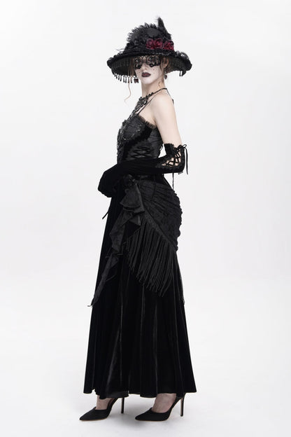 Black Sleeveless Ruffle Lace-Up Plumed Women's Gothic Long Slip Dress