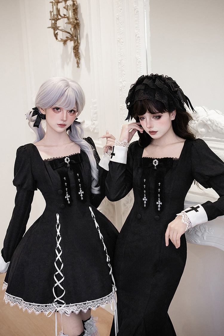 Black/White [Rose Doll] Square Collar Long Sleeves Bowknot Lace-Up Gothic Lolita Dress Set 2 Versions