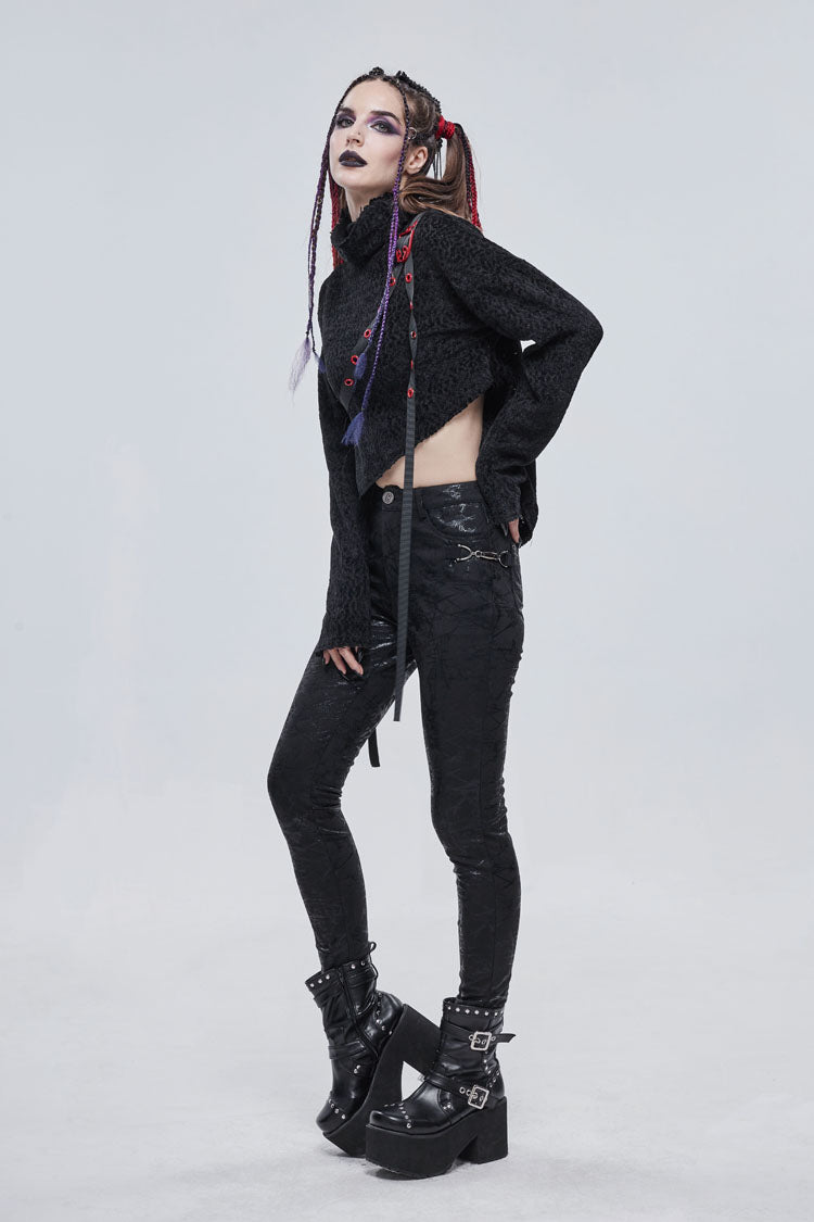 Black Texture Grainy Turtleneck Metal Buckle Through With Grommet Decoration Irregular Women's Punk Sweater