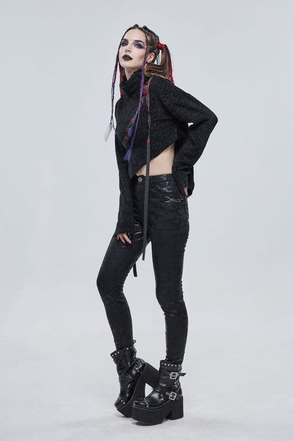 Black Texture Grainy Turtleneck Metal Buckle Through With Grommet Decoration Irregular Women's Punk Sweater