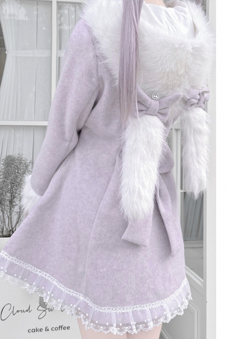 Grey/Purple Long Sleeves Bowknot Rabbit Ears Detachable Hooded Japanese Jirai Kei Coat