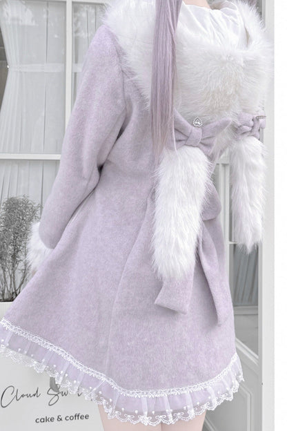 Grey/Purple Long Sleeves Bowknot Rabbit Ears Detachable Hooded Japanese Jirai Kei Coat