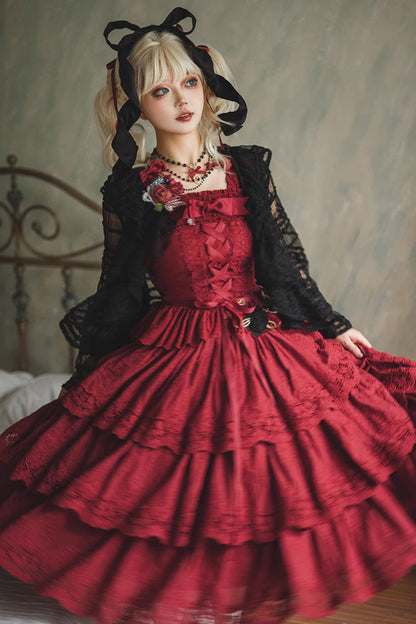 Wine Red [Forest Waltz] Embroidery Bowknot Lace-Up Slim Sweet Elegant Lolita Suspender Top