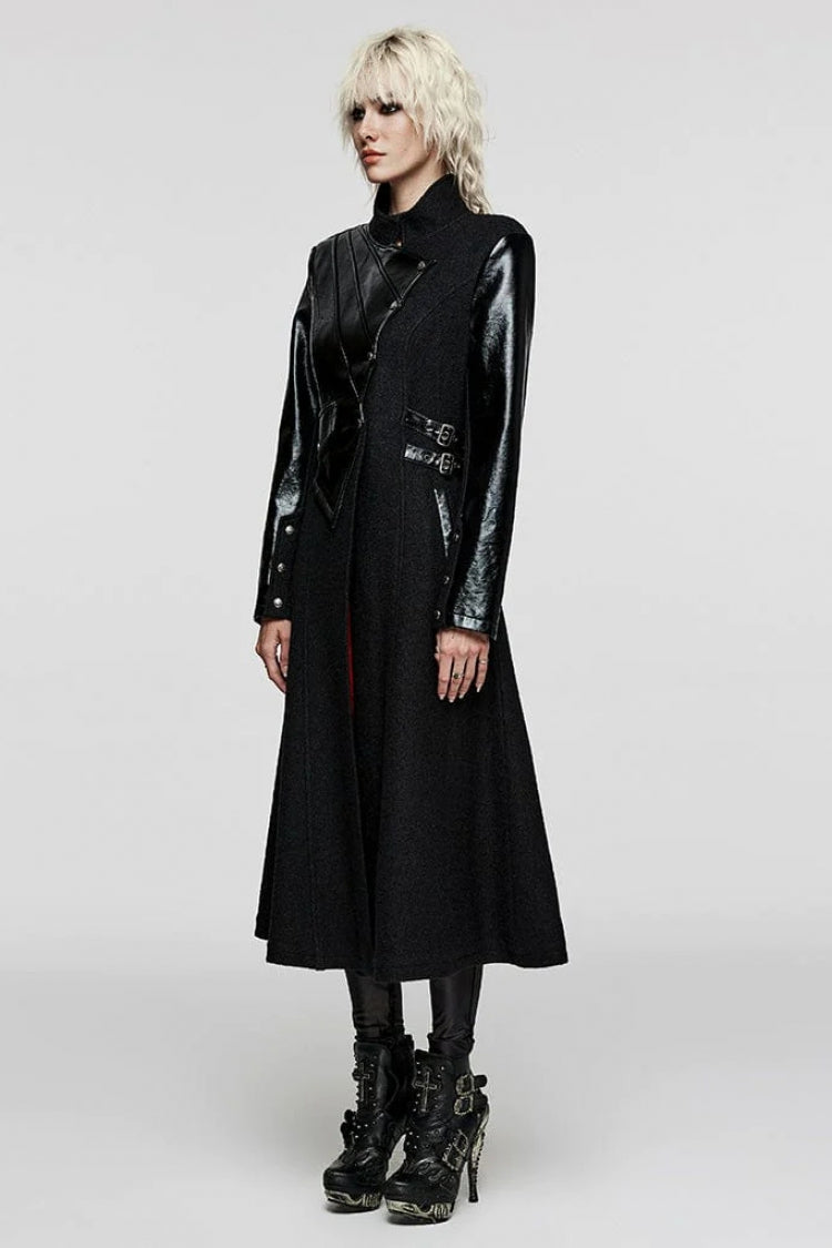 Black Stand Collar Print Faux Leather Stitching Womens Gothic Coat