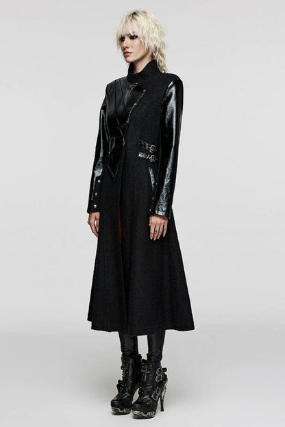 Black Stand Collar Print Faux Leather Stitching Womens Gothic Coat