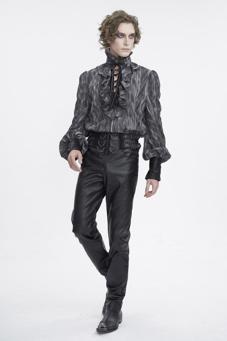 Black/Grey Ruffle Stand Collar Print Lace-Up Men's Gothic Blouse