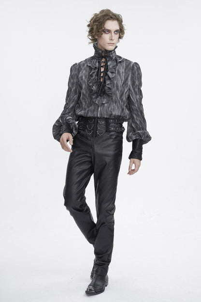 Black/Grey Ruffle Stand Collar Print Lace-Up Men's Gothic Blouse