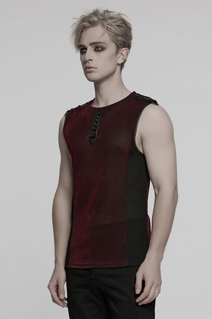 Black/Red Round Collar Sheer Mesh Color Matching Rivet Men's Punk Vest