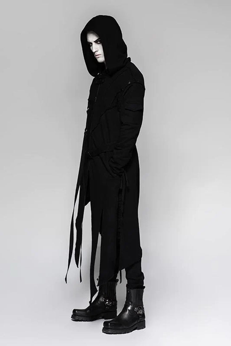 Black Strap Decoration Long Sleeves Irregular Hem Hooded Mens Steampunk Coat