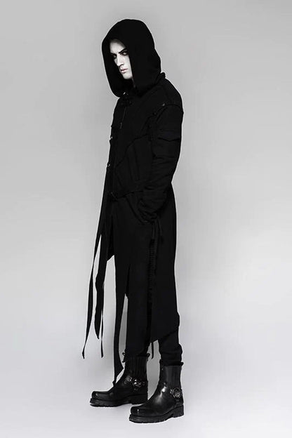 Black Strap Decoration Long Sleeves Irregular Hem Hooded Mens Steampunk Coat