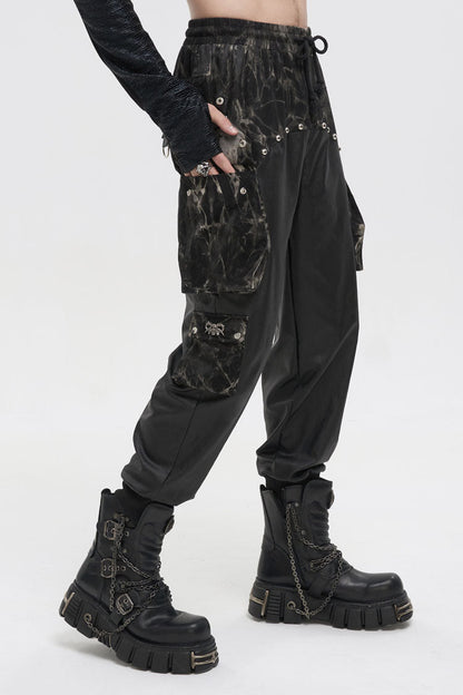Black Tie Dyed Splice Hand Painted Waist Drawstring Men's Gothic Pants