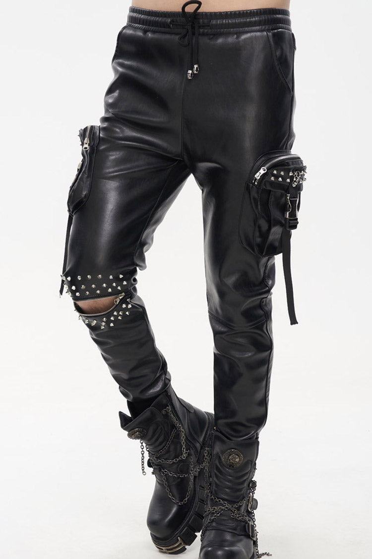 Black Punk Leather Metal Rivets Zipper Stereoscopic Side Pockets Men's Pants